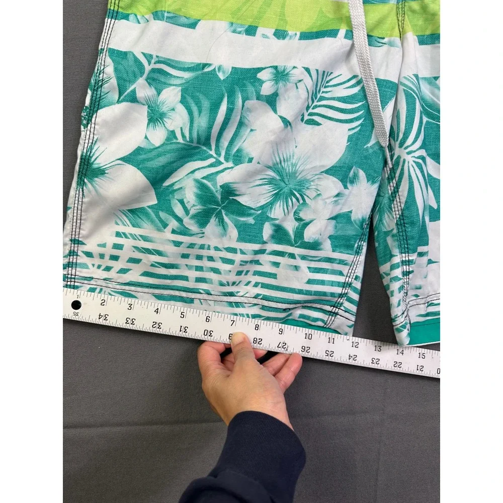 Speedo Men Tropical Floral Striped Board Shorts Teal Green Black Swim‎ Trunks 30